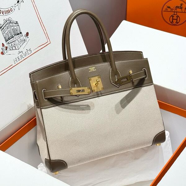 【エルメス HERMES】バーキン30 ベージュ ブラウン キャンバス スイフト  ゴールド金具(50％手縫い＋50％マシン)